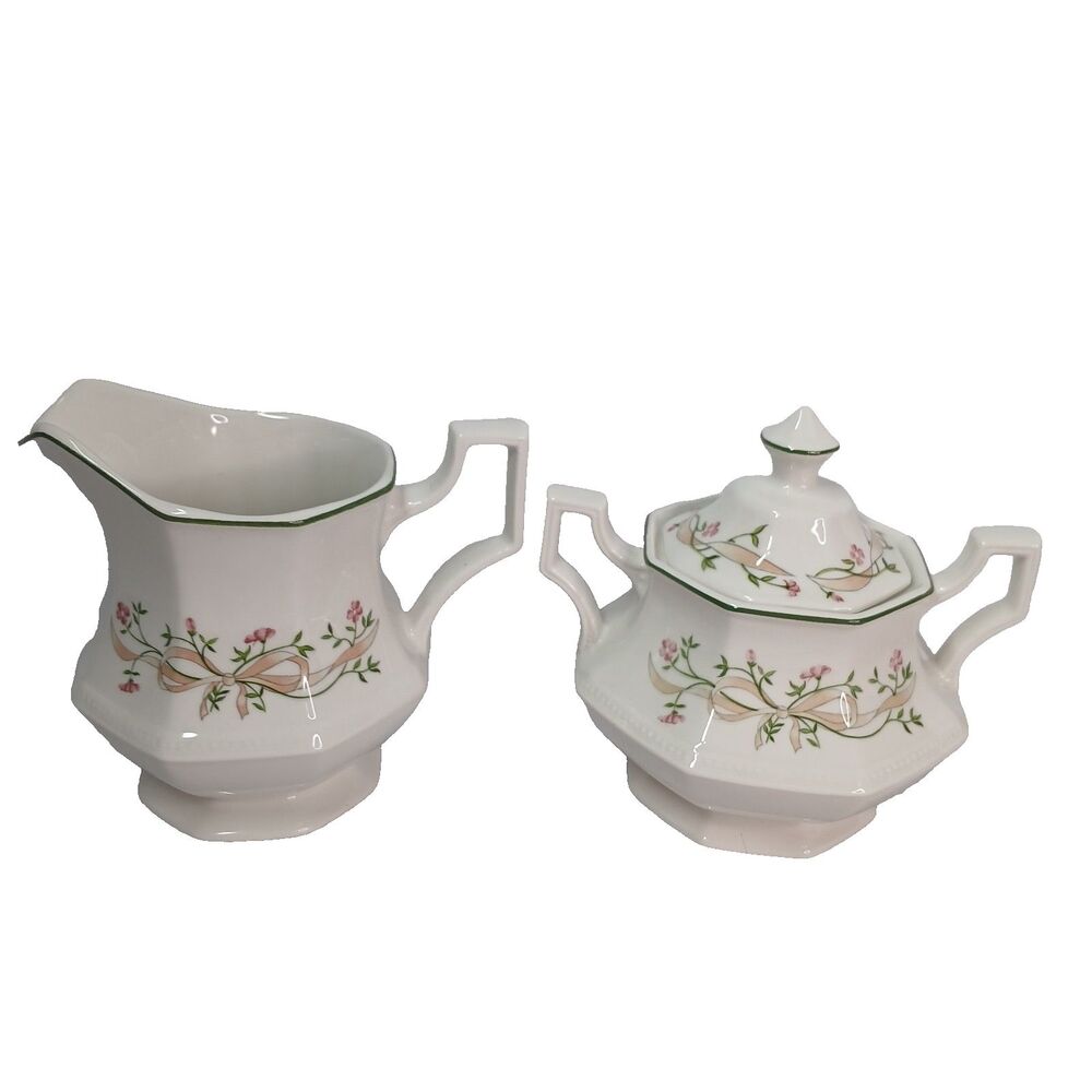 Vintage Johnson Brothers Eternal Beau Sugar Bowl and Creamer Set Floral Ceramic